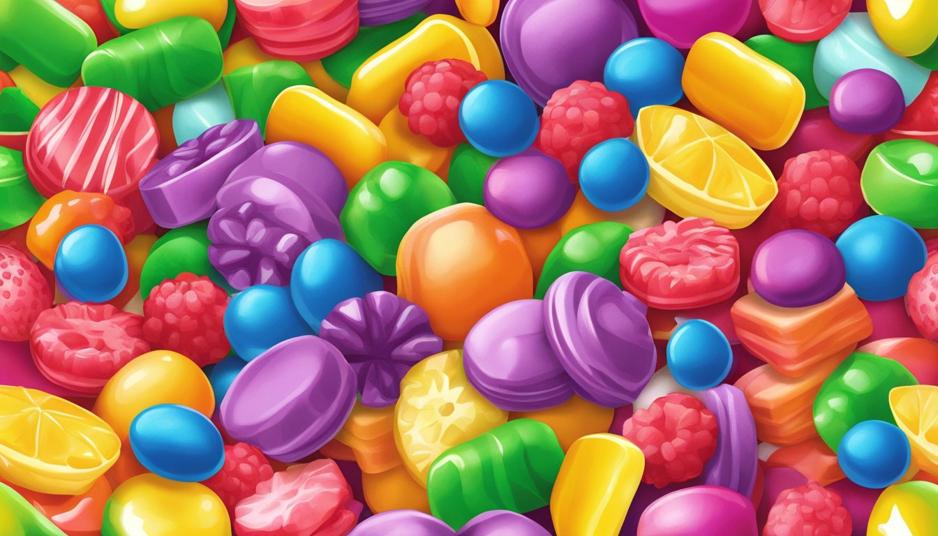 A colorful assortment of fruit candies spills out of a vibrant package, showcasing the vegan alternative to Mike and Ike candies