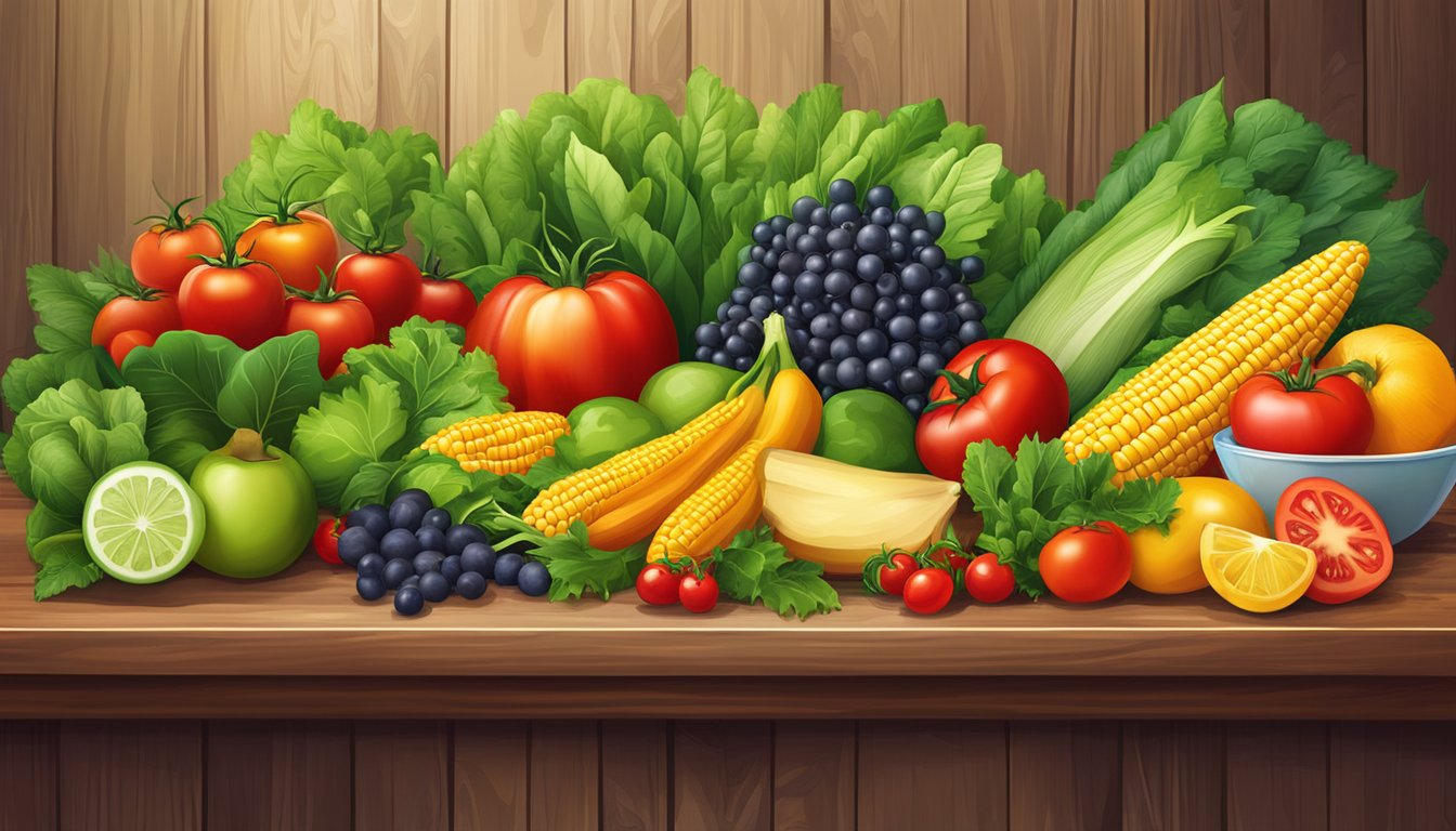 A colorful array of fresh fruits and vegetables, including vibrant green leafy greens, ripe red tomatoes, and golden ears of corn, displayed on a wooden table