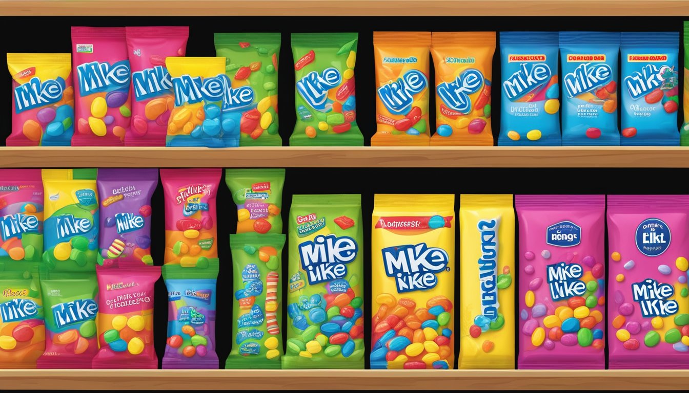 A selection of colorful candy packages with various labels, including Mike and Ike, are displayed on a shelf