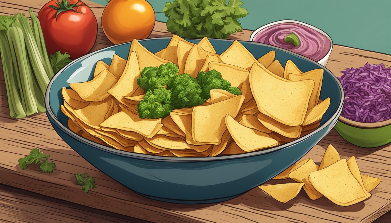 A bowl of vegan funion chips surrounded by fresh vegetables and a dip on a wooden table