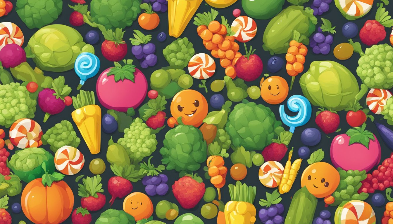 Two candy characters surrounded by fruits and vegetables, with a question mark above them