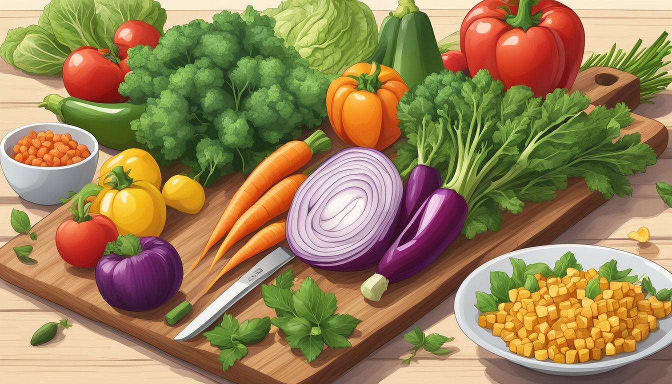 A colorful array of fresh vegetables and herbs arranged on a wooden cutting board, with a knife and a bowl of diced funions