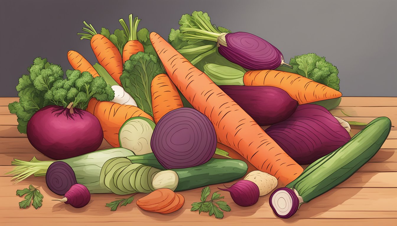 A colorful pile of sliced vegetables, including carrots, beets, and sweet potatoes, arranged in a natural, earthy setting