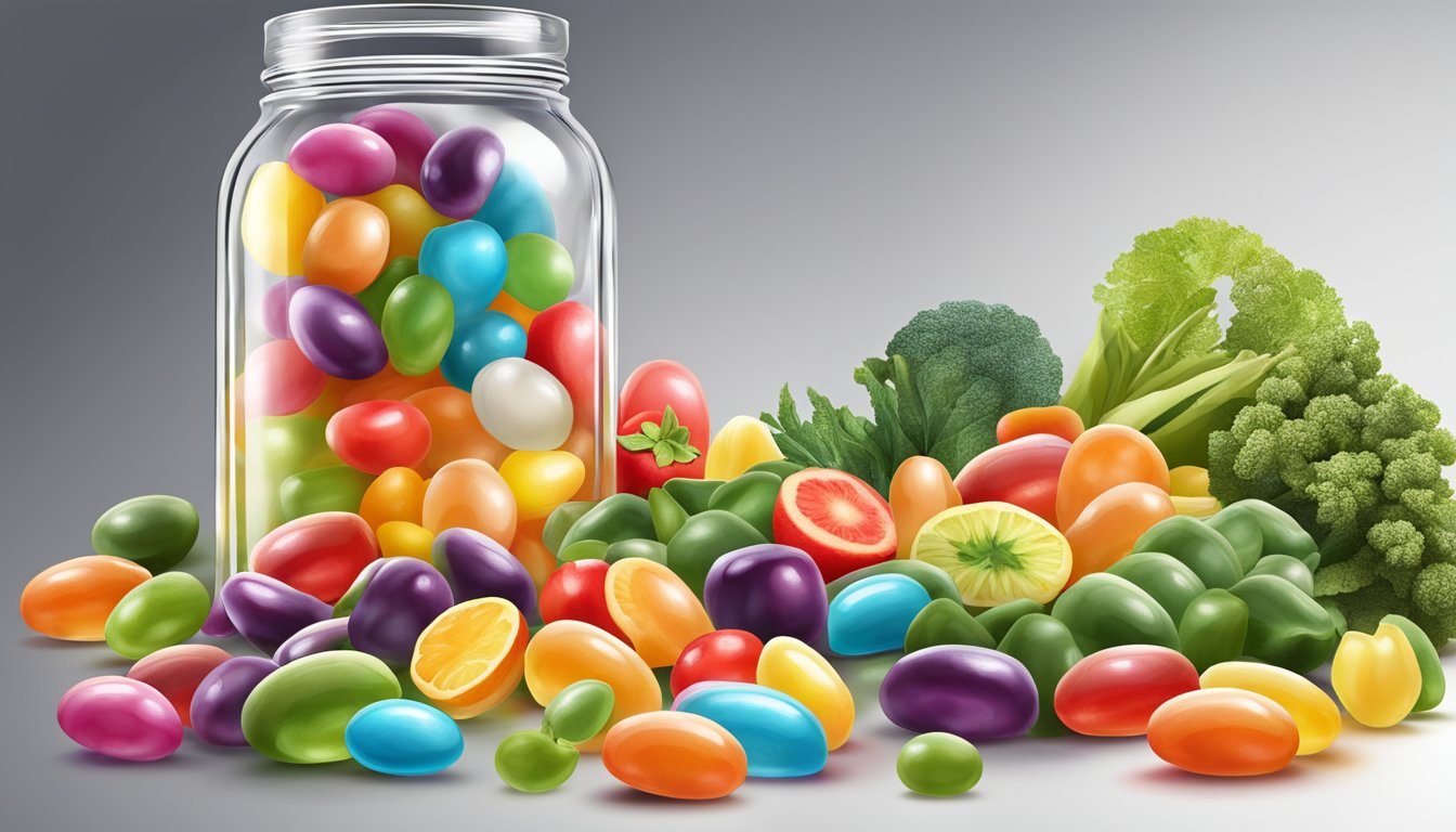 A colorful assortment of jelly beans spills out of a clear glass jar, surrounded by vibrant fruits and vegetables