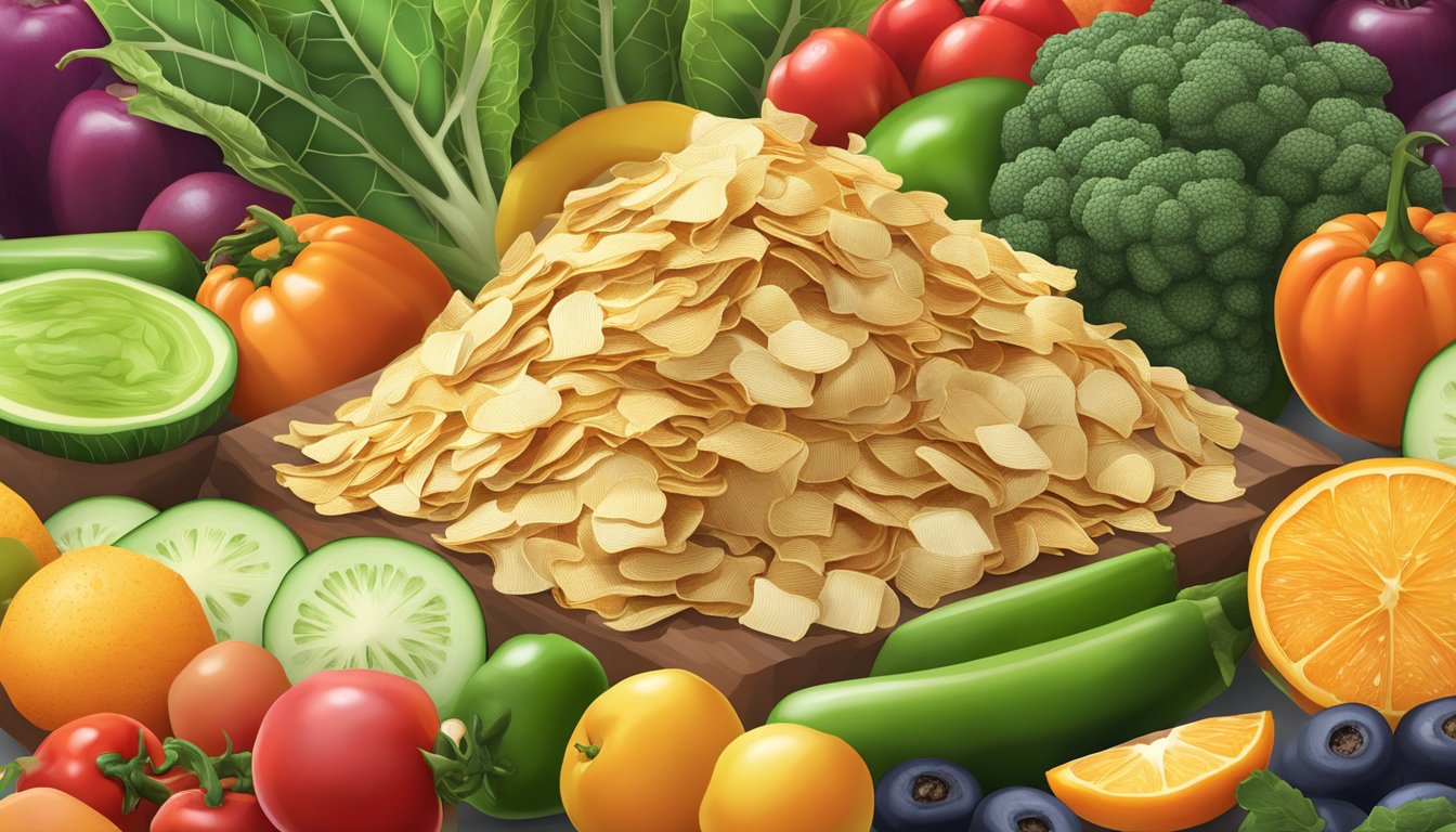 A colorful pile of Terra vegetable chips surrounded by fresh vegetables and fruits, with a nutritional label displayed prominently