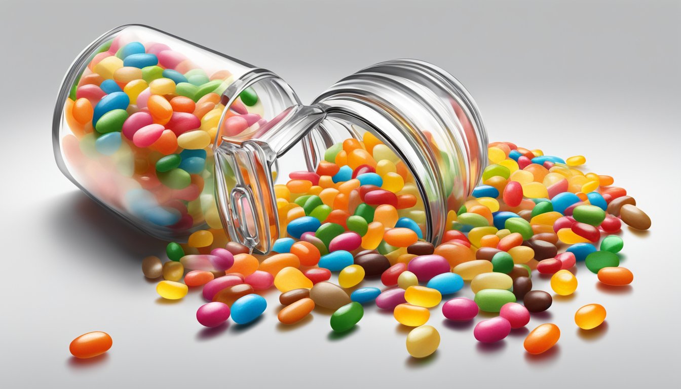 A colorful assortment of jelly beans spills out from a glass jar, scattered on a clean, white surface