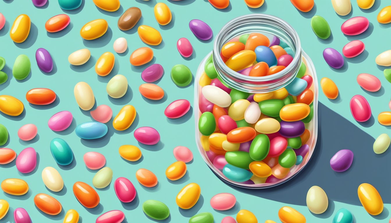 A colorful assortment of jelly beans spilling out of a glass jar onto a pastel-colored surface