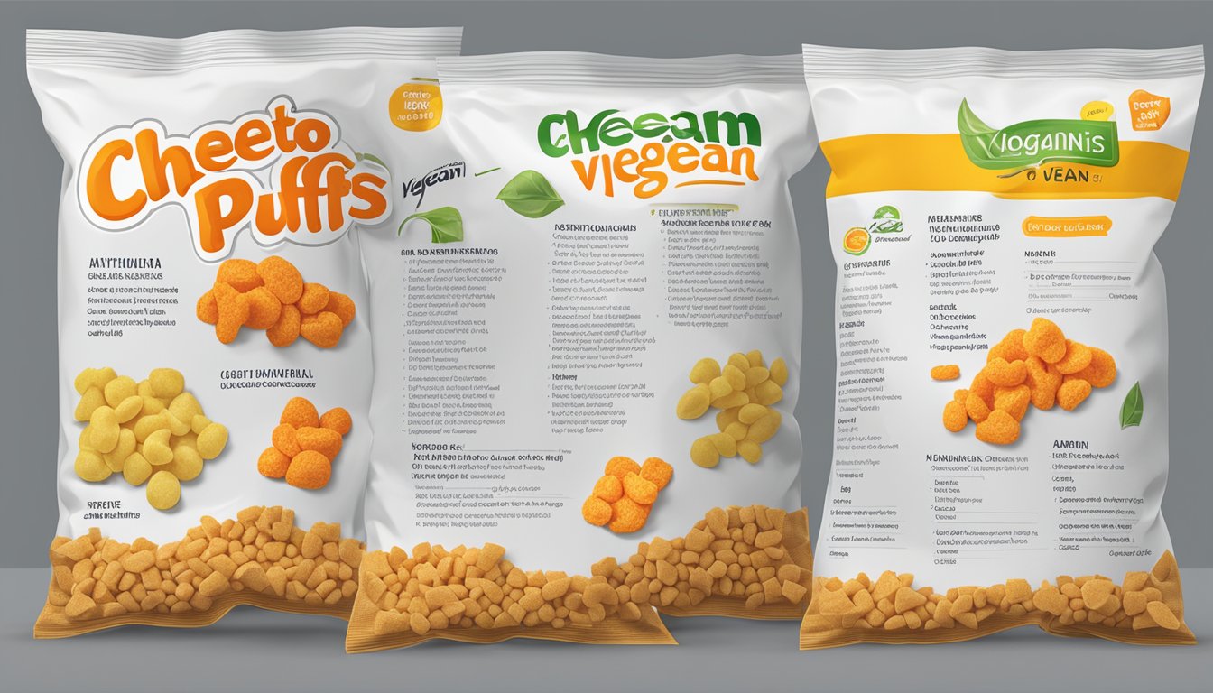 A bag of cheetos puffs next to a list of ingredients, with the word "vegan" circled in red