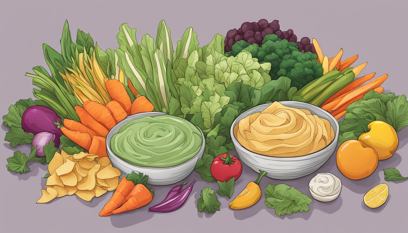 A colorful pile of Terra vegetable chips surrounded by fresh produce and a plant-based dip