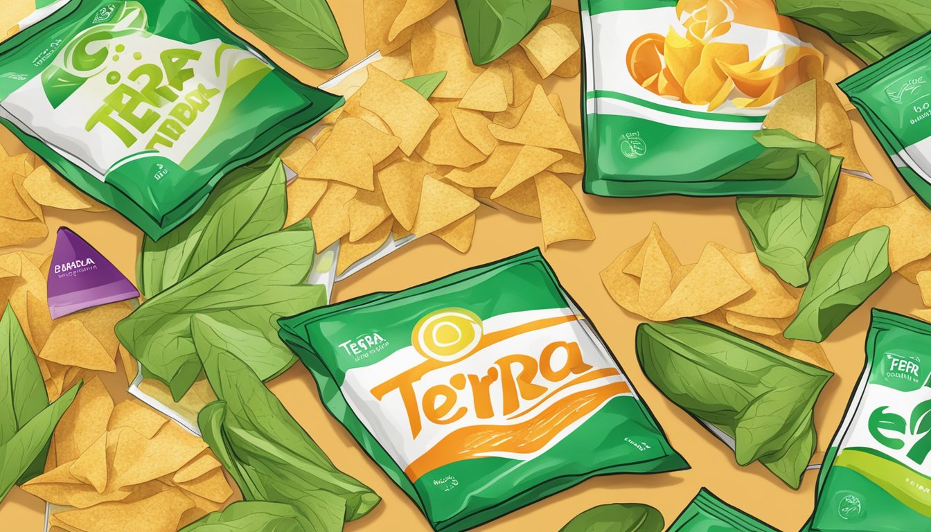 A colorful pile of Terra vegetable chips surrounded by eco-friendly branding materials