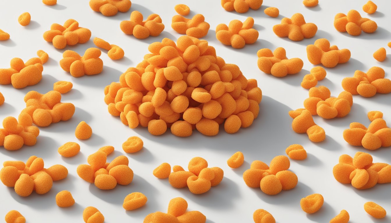 A pile of Cheetos puffs arranged in a circular pattern on a white table