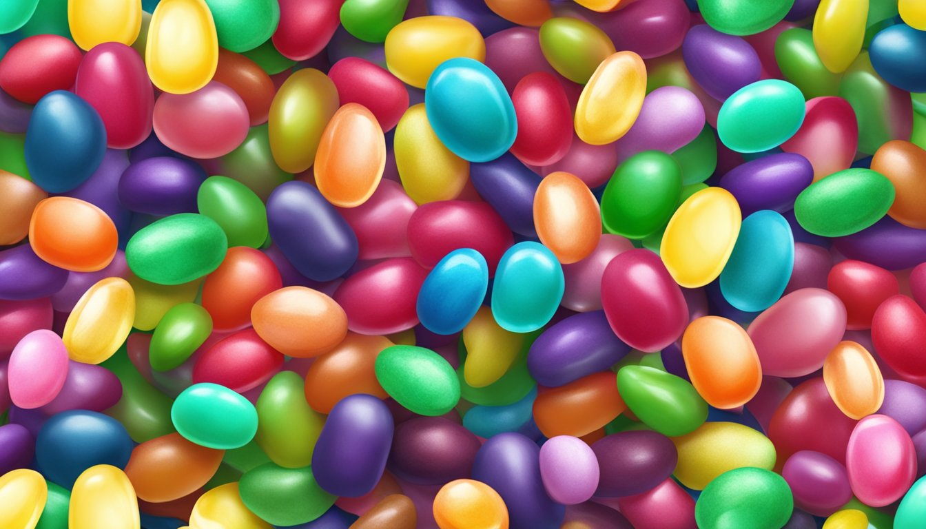 A pile of colorful jelly beans with a "vegan" certification stamp