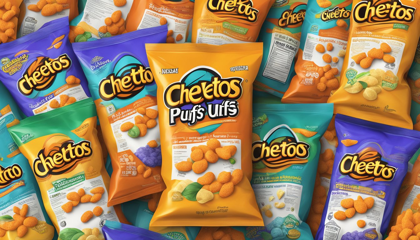 A bag of Cheetos puffs with a list of non-vegan ingredients displayed prominently on the packaging