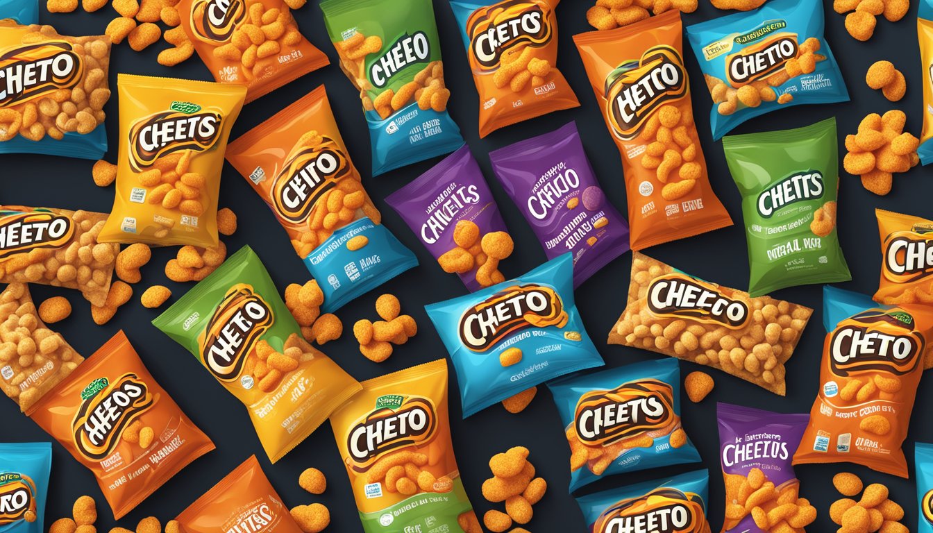 A colorful display of various Cheetos varieties, including crunchy and puffs, with a label indicating their vegan status