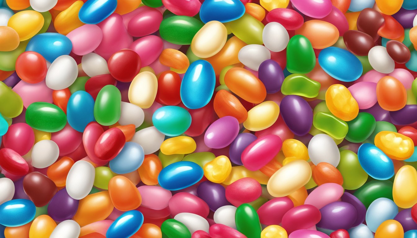 A colorful assortment of jelly beans spills out from a branded bag, showcasing various flavors and textures