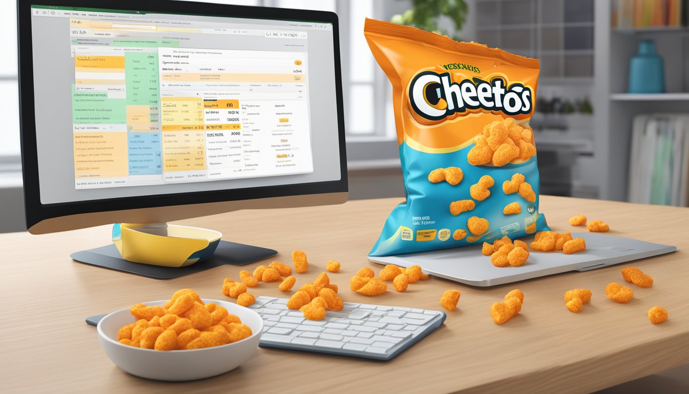 A bag of Cheetos Puffs sits open on a table, surrounded by scattered nutritional information and a search for "vegan" on a computer screen