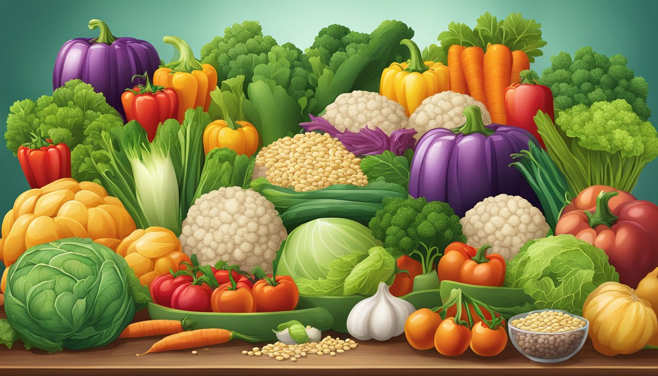 A colorful array of fresh vegetables and grains arranged in a vibrant, inviting display