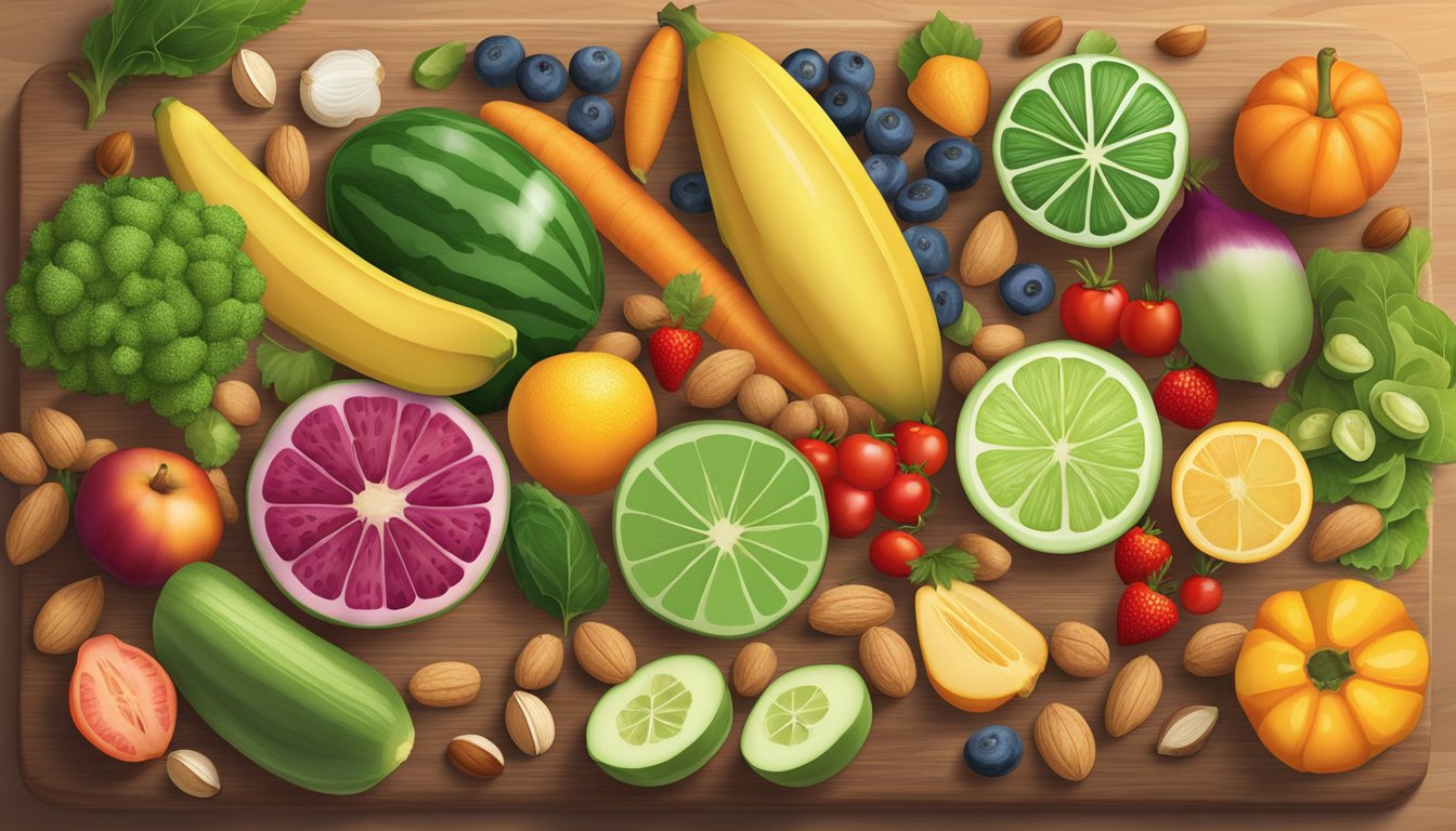 A colorful array of fresh fruits and vegetables arranged on a wooden cutting board, with a variety of nuts and seeds scattered around