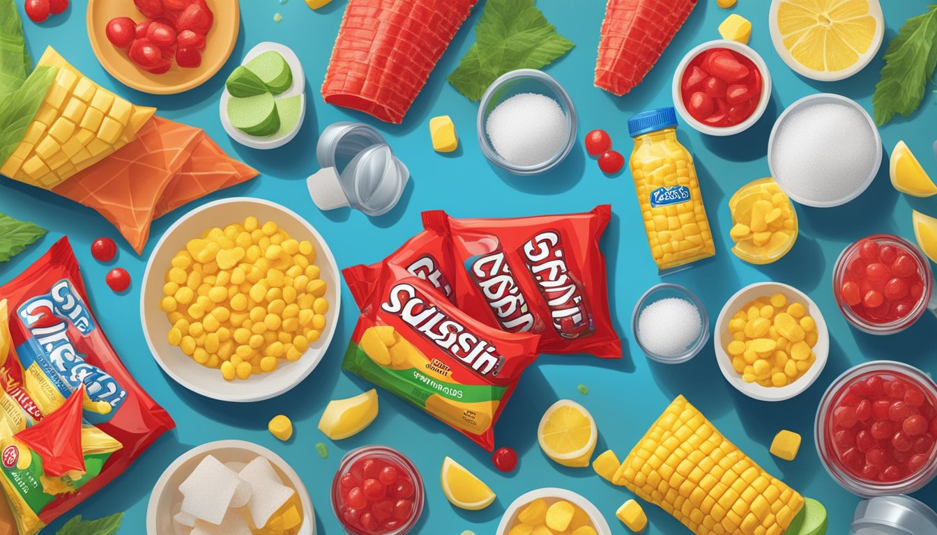 A colorful array of ingredients, including sugar, corn syrup, and natural flavorings, are laid out on a table, with a pack of Swedish Fish in the center