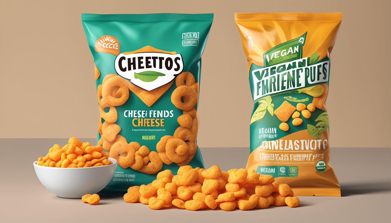 A bowl of vegan cheese puffs next to a bag of Cheetos, with a label indicating "vegan-friendly" and a variety of plant-based ingredients