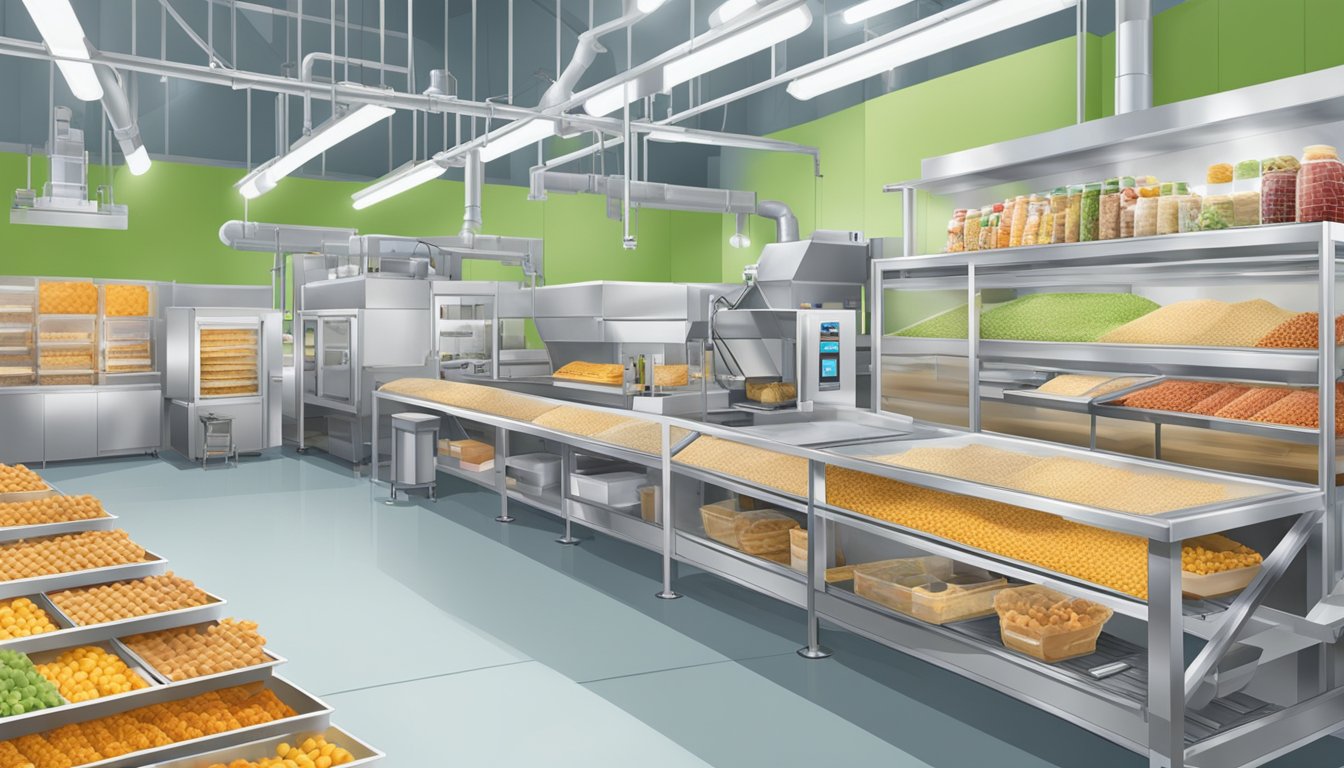 A bustling snack production facility with eco-friendly equipment and plant-based ingredients