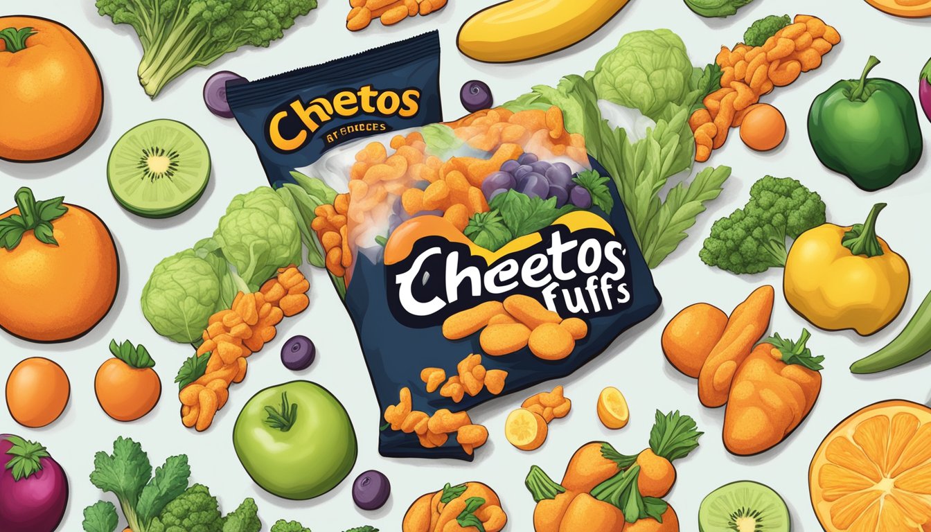 A bag of Cheetos Puffs surrounded by various fruits and vegetables, with a vegan label prominently displayed