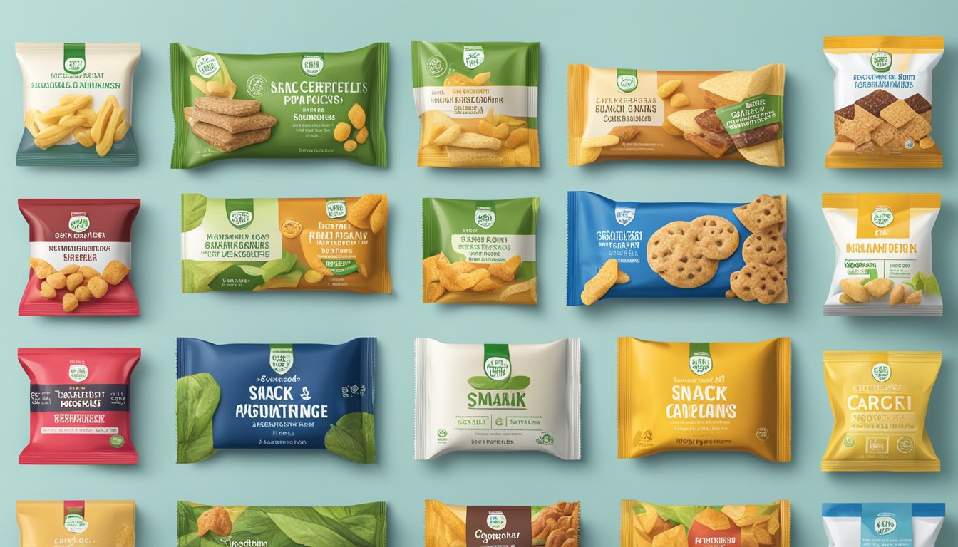 A variety of snack packages with vegan certifications and claims displayed prominently on the labels