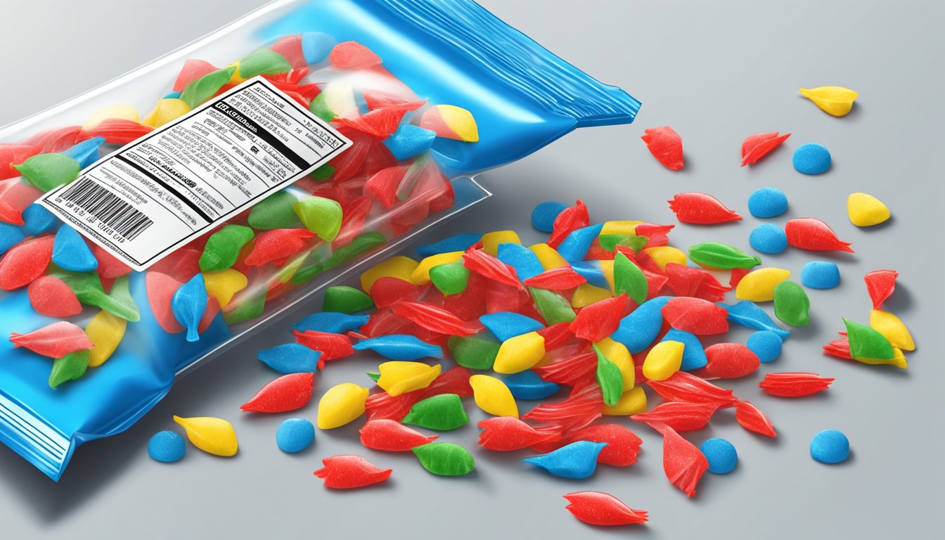 A pile of colorful Swedish Fish candy spilling out of a clear plastic bag, with a close-up of the label showing the ingredients