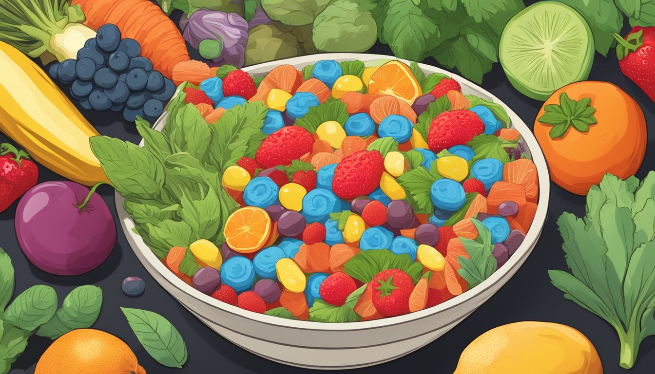 A bowl of Swedish Fish candy surrounded by various fruits and vegetables, with a plant-based "vegan" label prominent in the background