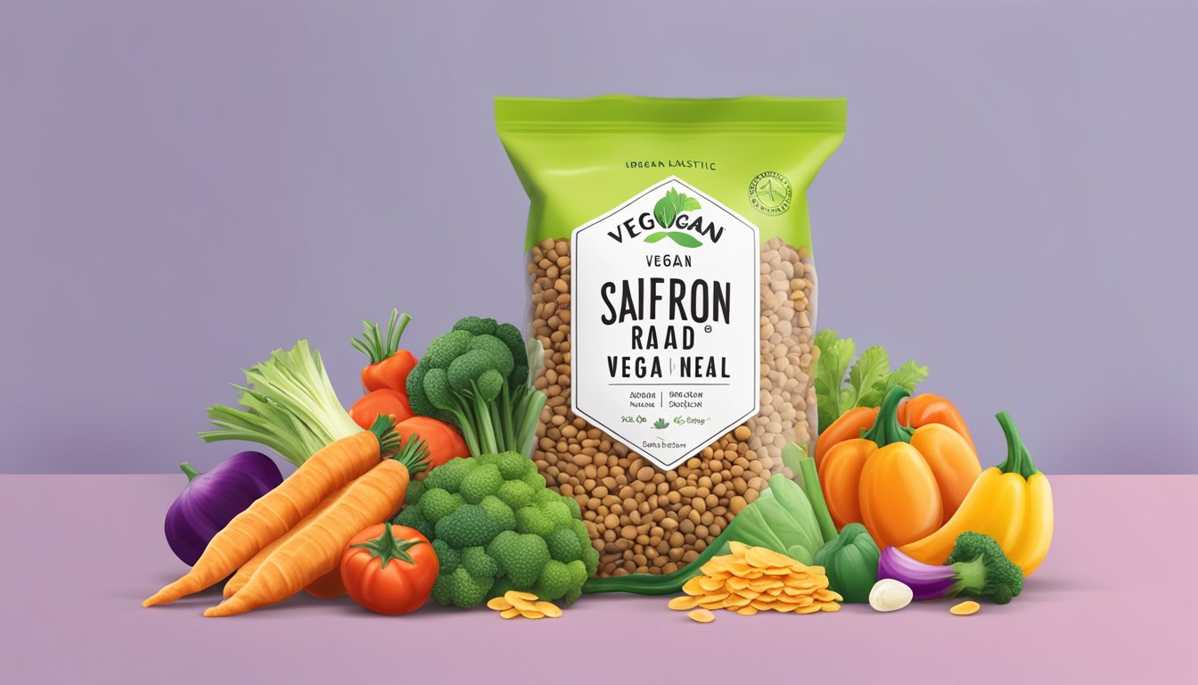 A bag of Saffron Road lentil chips surrounded by colorful vegetables and a label indicating "vegan."