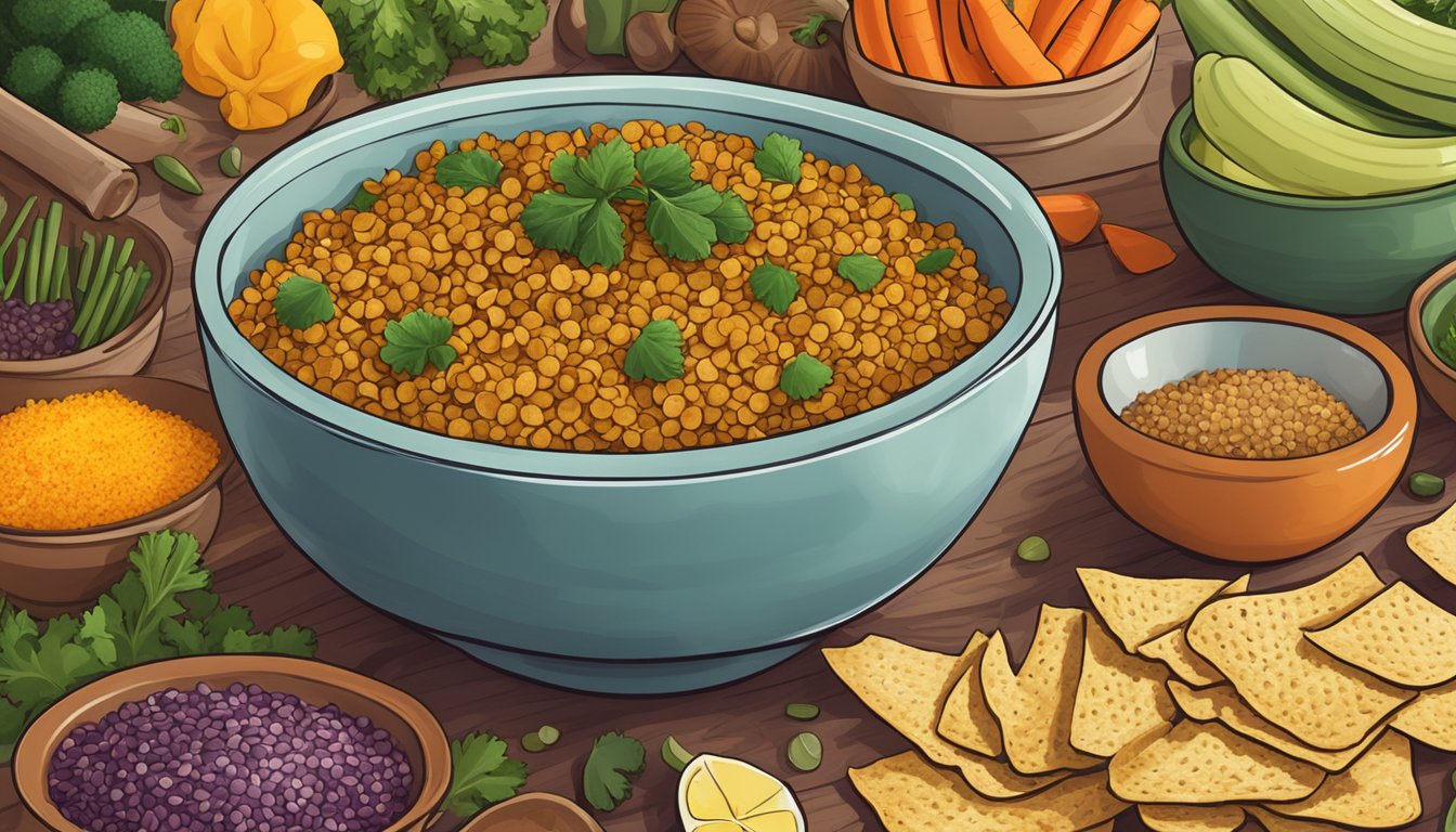 A bowl of saffron road lentil chips surrounded by various vegetables and spices