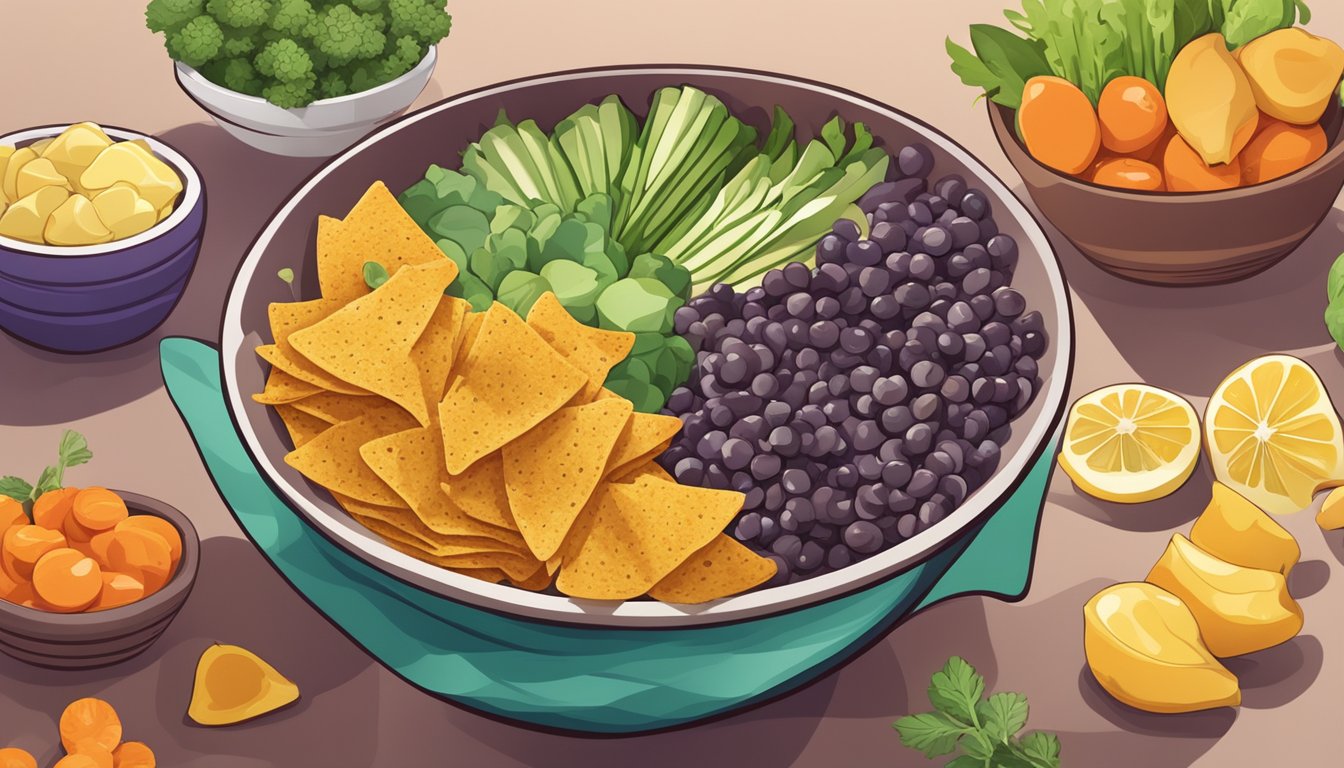 A colorful bowl of saffron road lentil chips surrounded by fresh vegetables and a variety of fruits