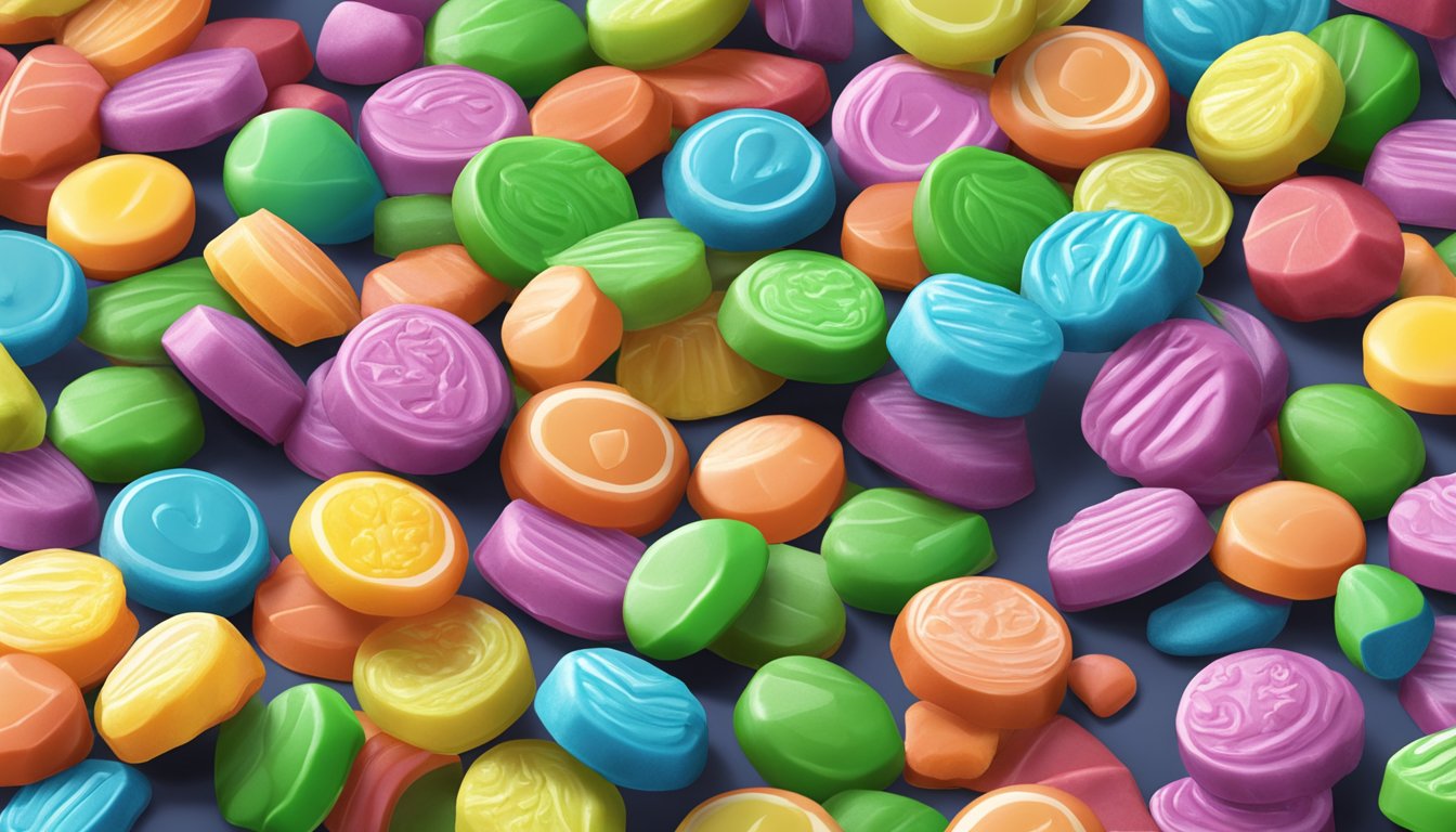 A colorful assortment of Spree candies spread out on a table, with the "vegan" label clearly visible