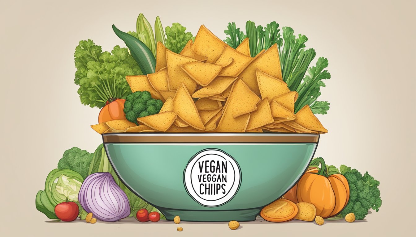 A bowl of saffron road lentil chips surrounded by fresh vegetables and a "vegan-friendly" label