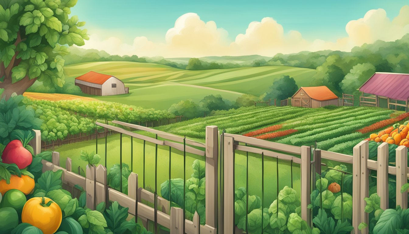 A lush green field with a variety of fruits and vegetables growing, surrounded by a fence with a sign reading "Spree Vegan Origins and Ownership."