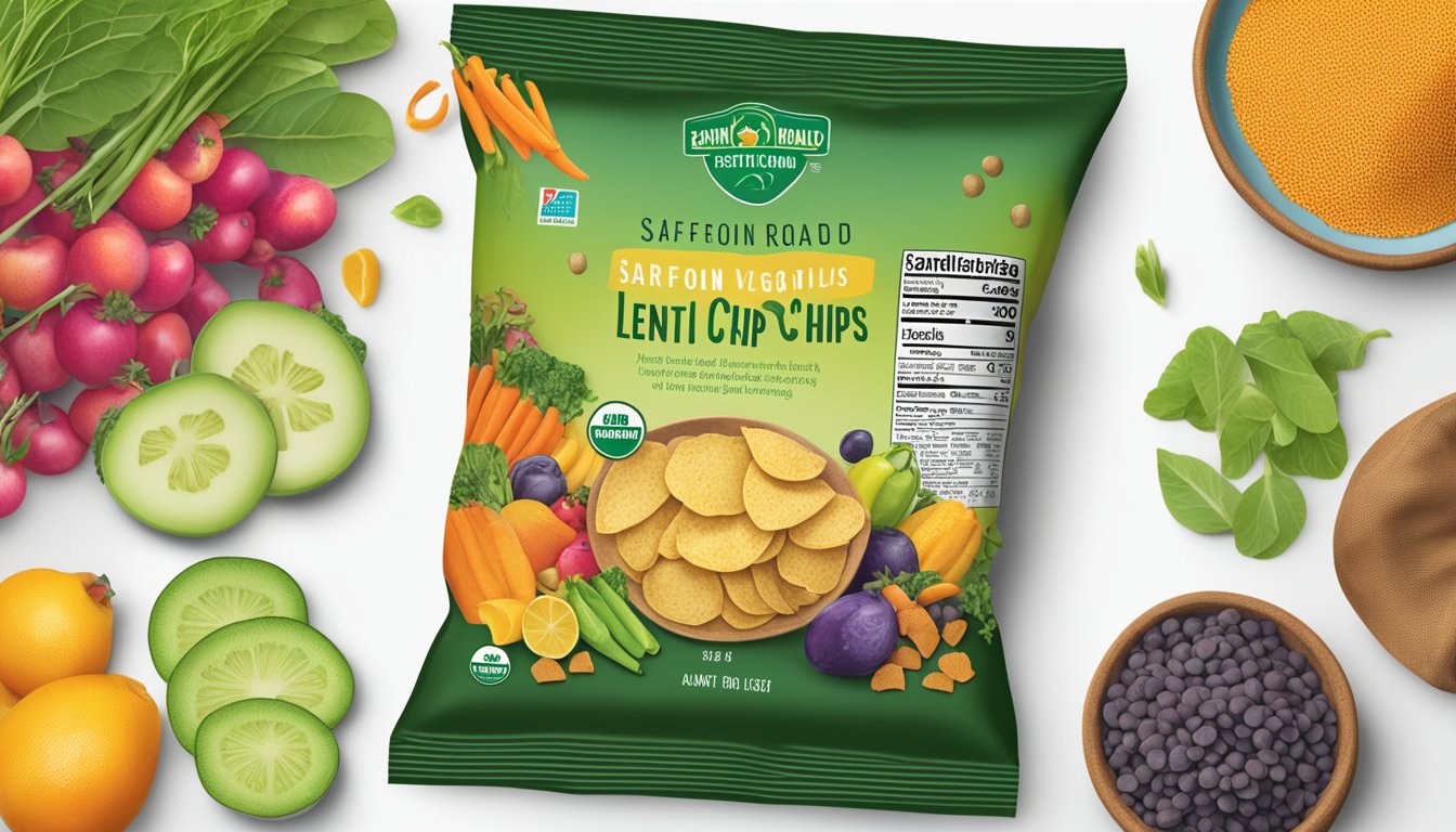 A bag of Saffron Road lentil chips surrounded by various fruits and vegetables, with clear vegan and allergen information displayed on the packaging