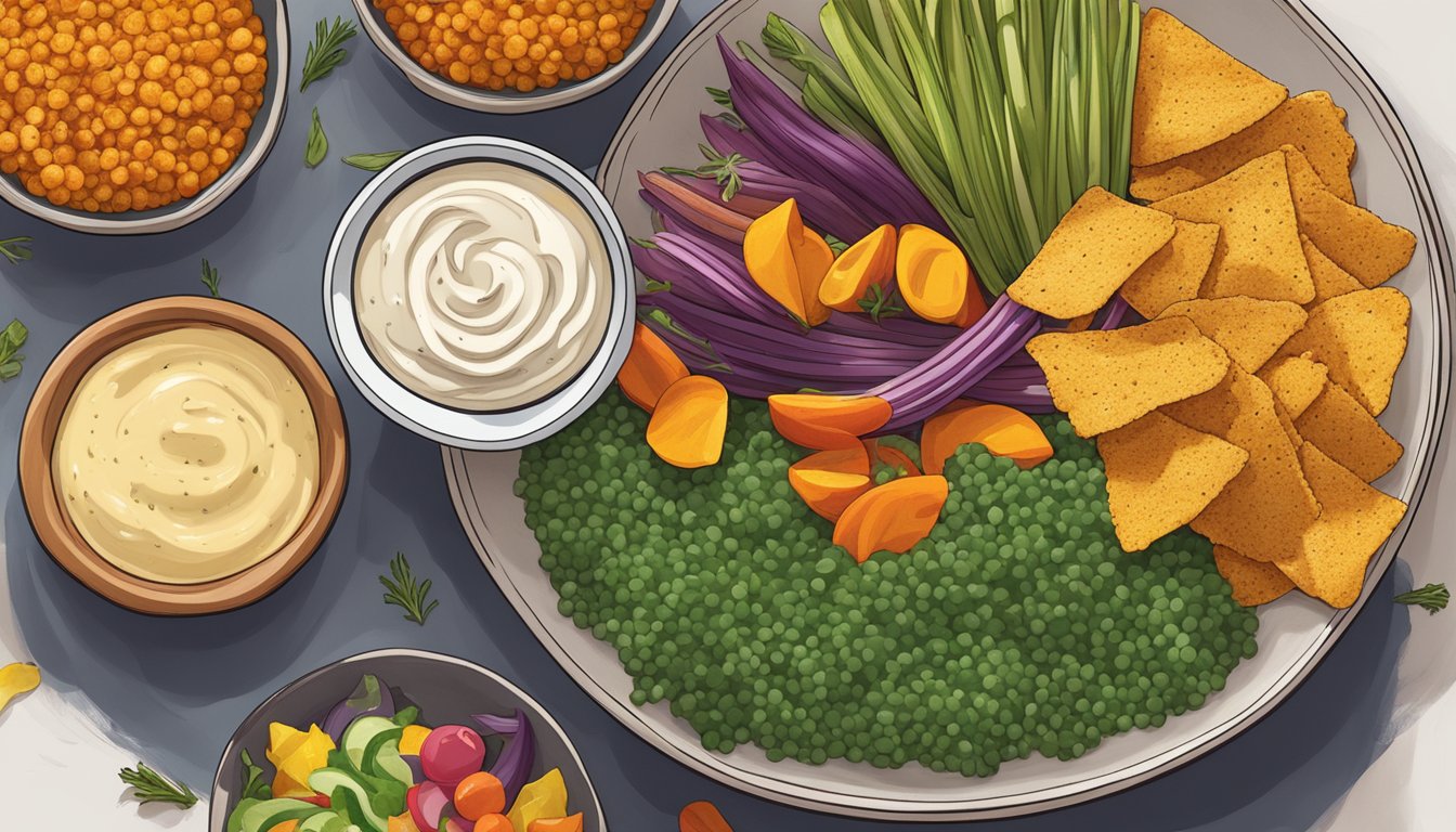 A bowl of saffron road lentil chips surrounded by colorful vegetables and a small dish of vegan dip