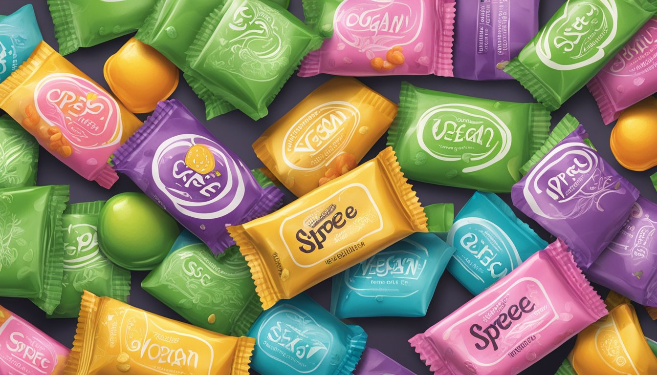 A colorful assortment of Spree candies, featuring the "Vegan" label prominently displayed on the packaging