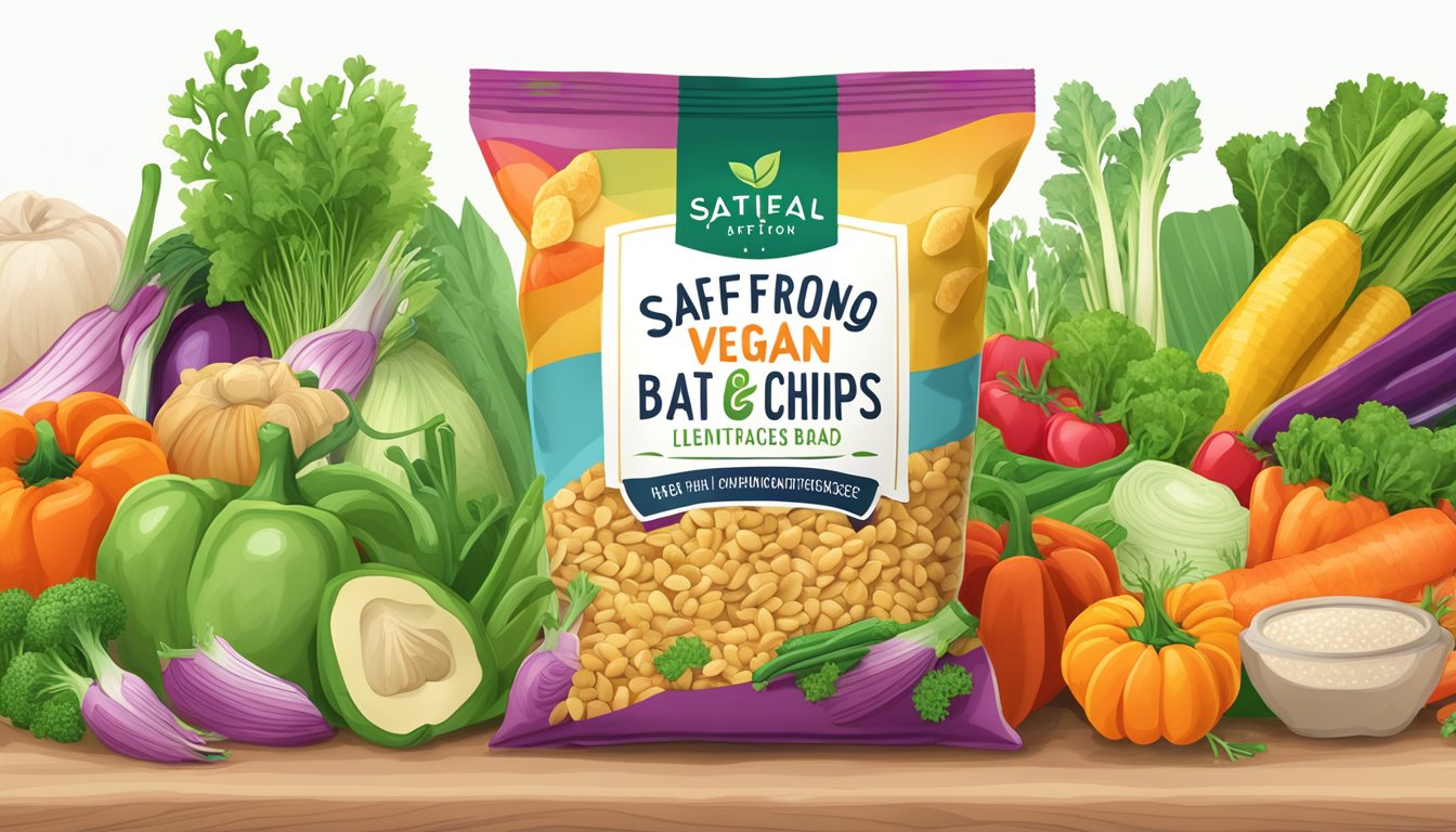 A colorful bag of saffron road lentil chips surrounded by fresh, vibrant vegetables and a label indicating vegan and ethical practices