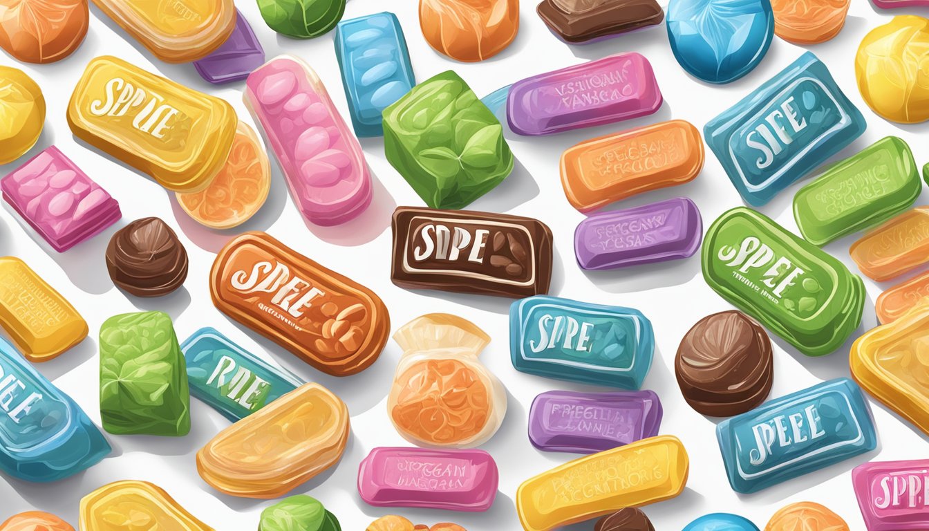 A colorful assortment of Spree candies in various flavors, all labeled as vegan