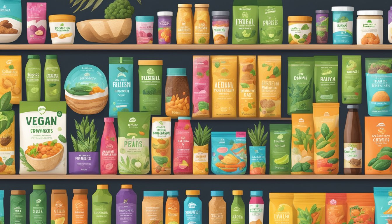 A colorful assortment of plant-based food items arranged neatly on a shelf, with vibrant packaging and branding highlighting their vegan credentials