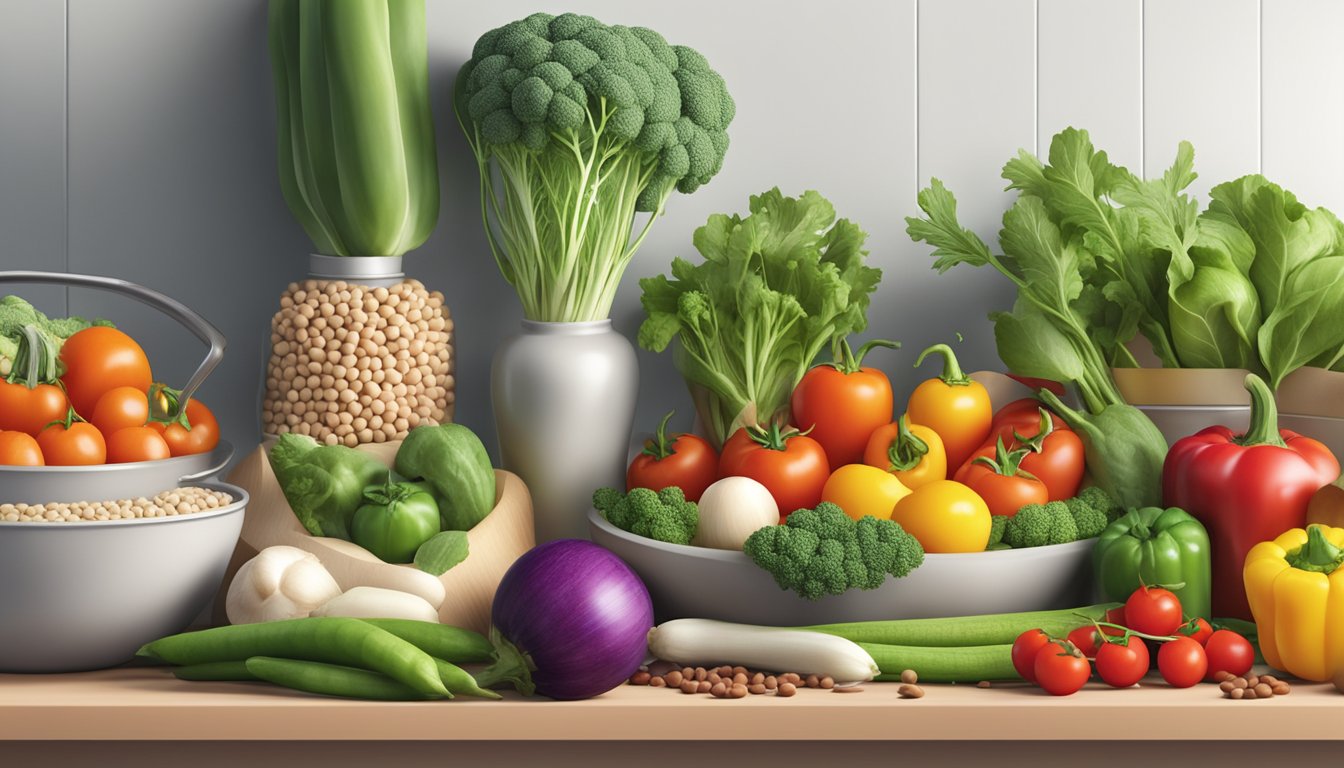 A colorful assortment of fresh vegetables and legumes arranged on a clean, modern kitchen counter