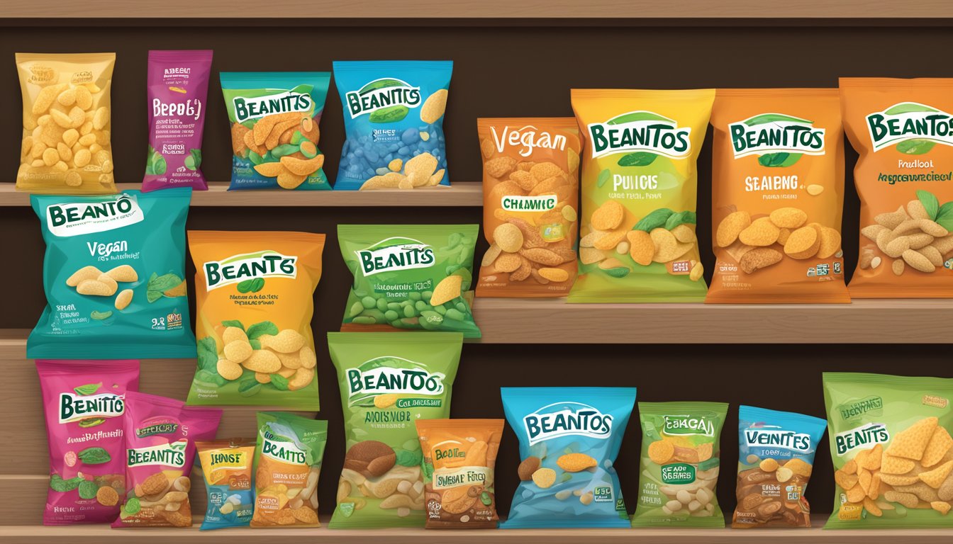 A variety of Beanitos products displayed on a shelf, including chips, puffs, and snacks, with a prominent "vegan" label on the packaging