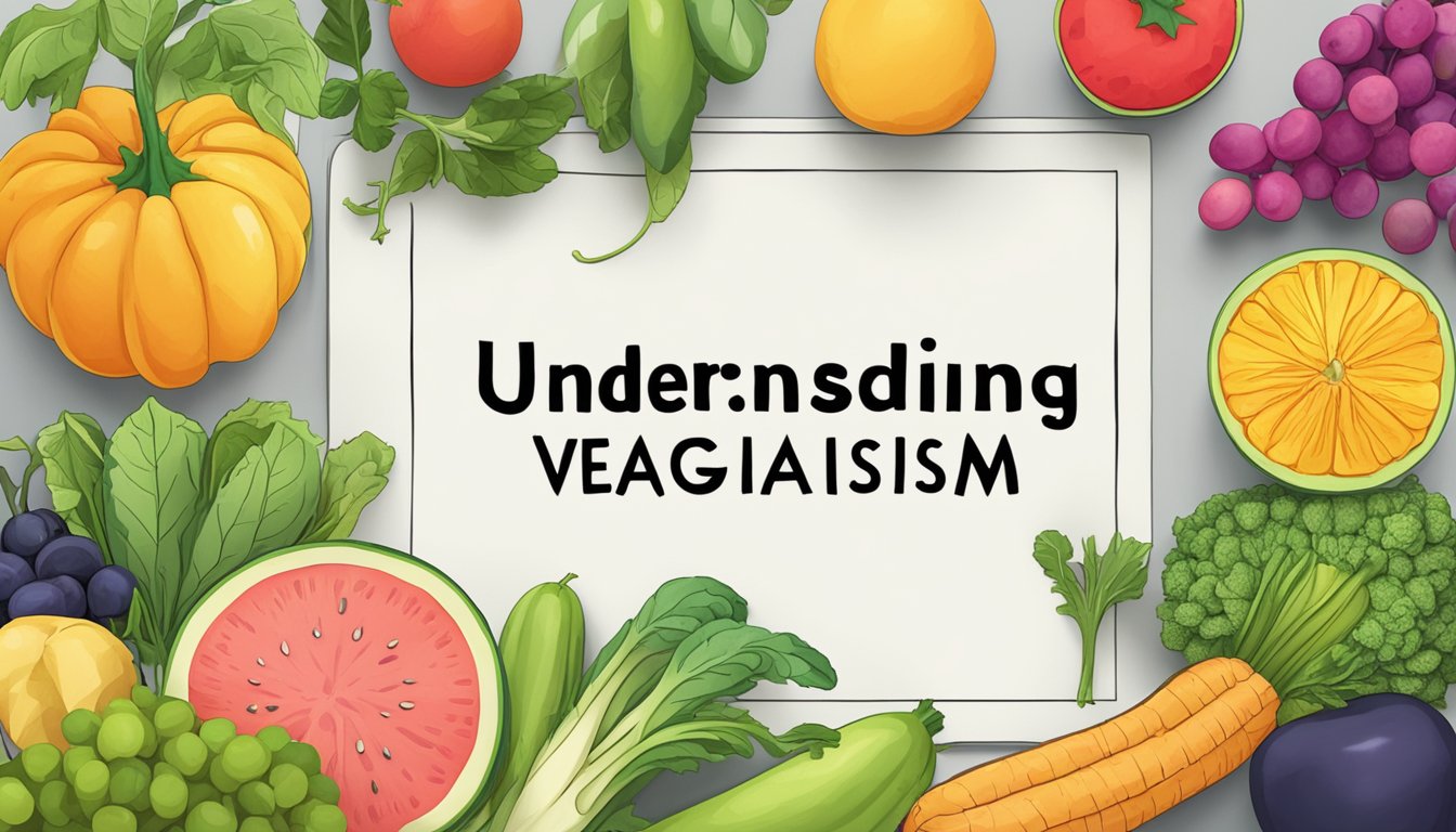 A group of colorful fruits and vegetables arranged on a table, with a sign reading "Understanding Veganism" next to it