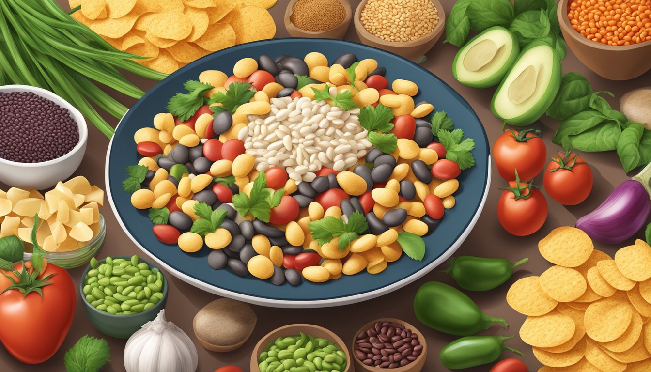 A bowl of Beanitos chips surrounded by various plant-based ingredients like beans, vegetables, and grains