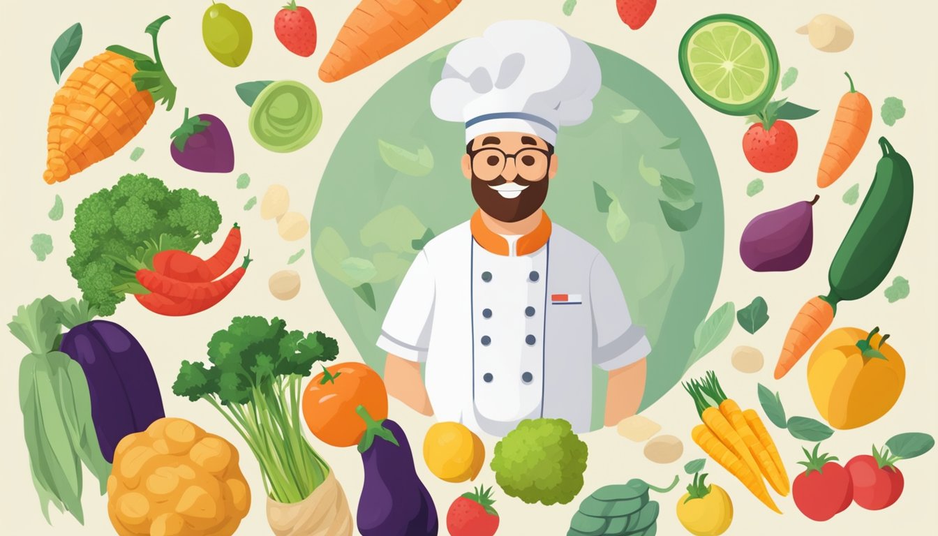 A bowl of tapioca flour surrounded by various fruits and vegetables, with a chef's hat and apron nearby