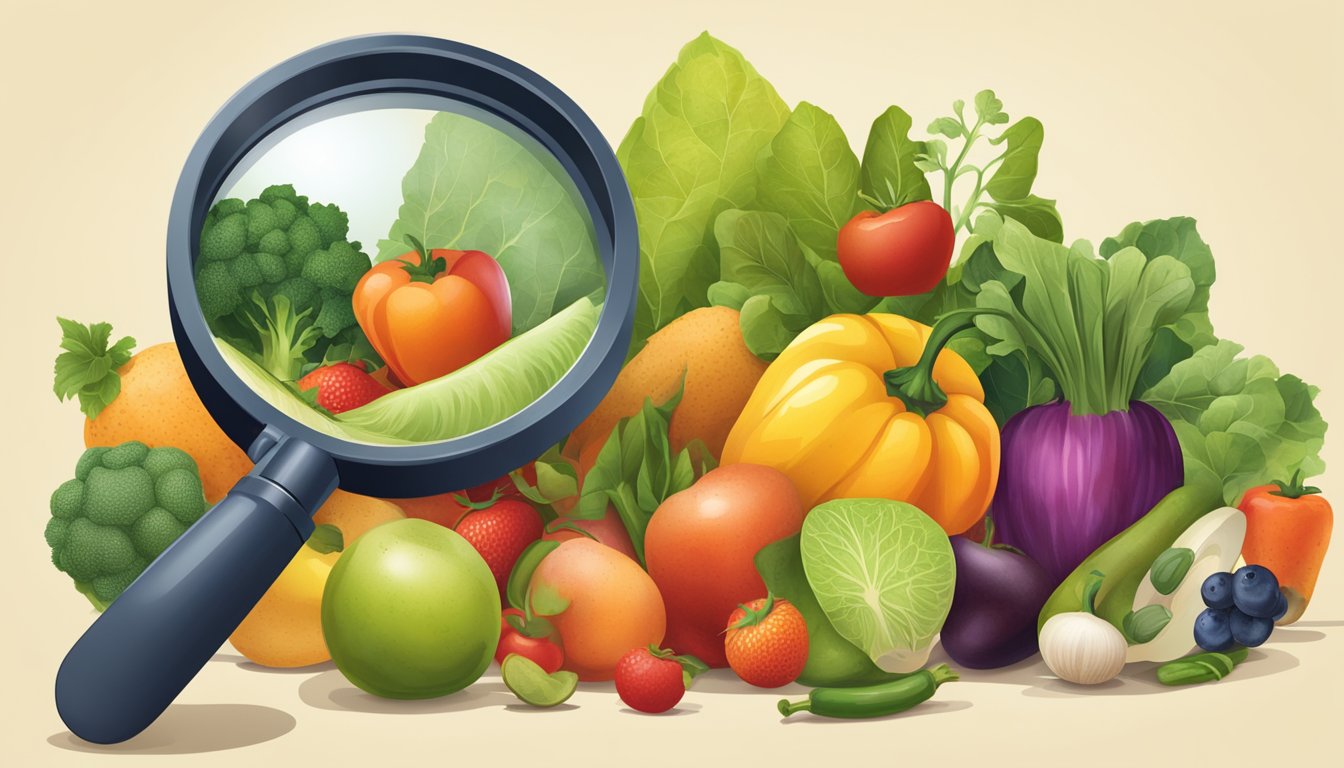 A pile of various fruits and vegetables with a magnifying glass analyzing their ingredients