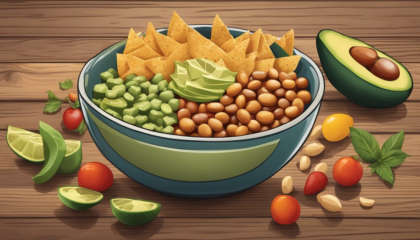 A bowl of beanitos surrounded by various vegan ingredients, such as avocado, salsa, and hummus, on a rustic wooden table