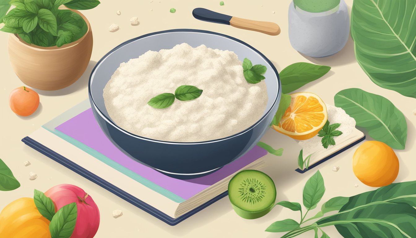 A bowl of tapioca flour surrounded by various vegan ingredients and a plant-based recipe book