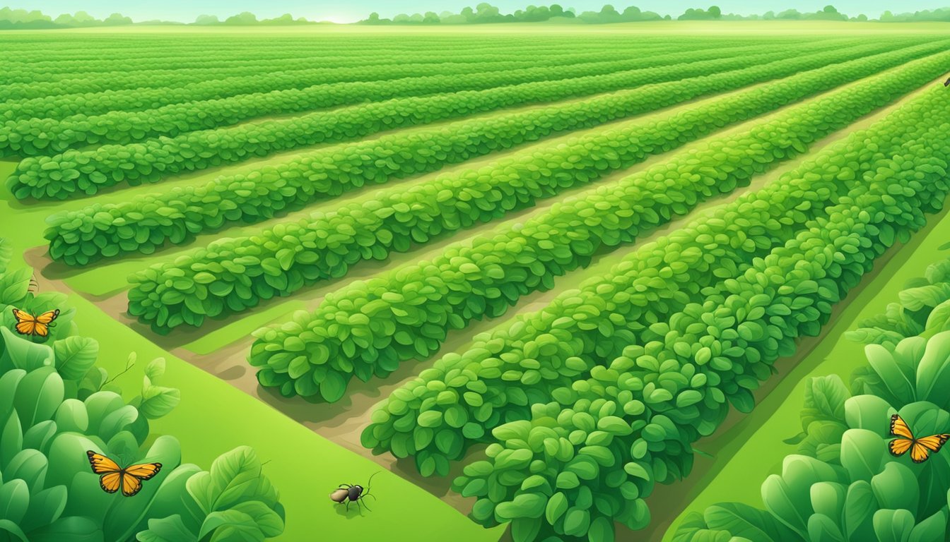 A lush green field with rows of bean plants stretching into the distance, surrounded by a diverse ecosystem of insects and small animals